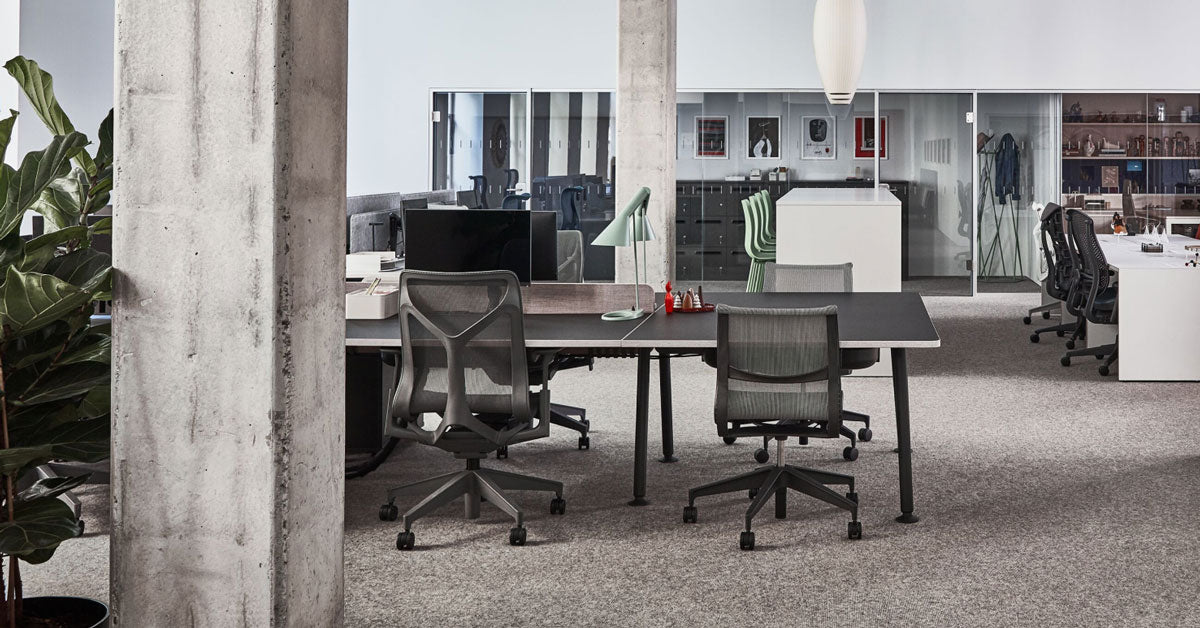 Inside the Paris showroom with Herman Miller office chair Cosm, Setu, Embody in different configurations with desks