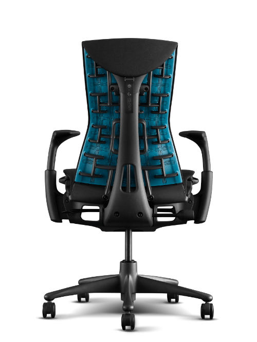 Rear view of Herman Miller Embody gaming chair in Cyan and black.