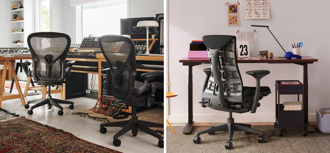 Photo of music production studio with 2 Aeron office chairs in graphite next to another containing Embody black office chair and Jarvis sit stand desk with black legs and hardwood top