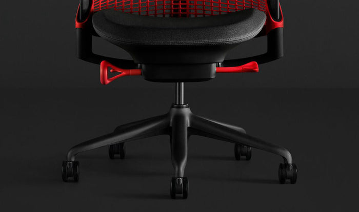 Front view of a red and black Sayl gaming chair by Herman Miller, showing the black frame and base.