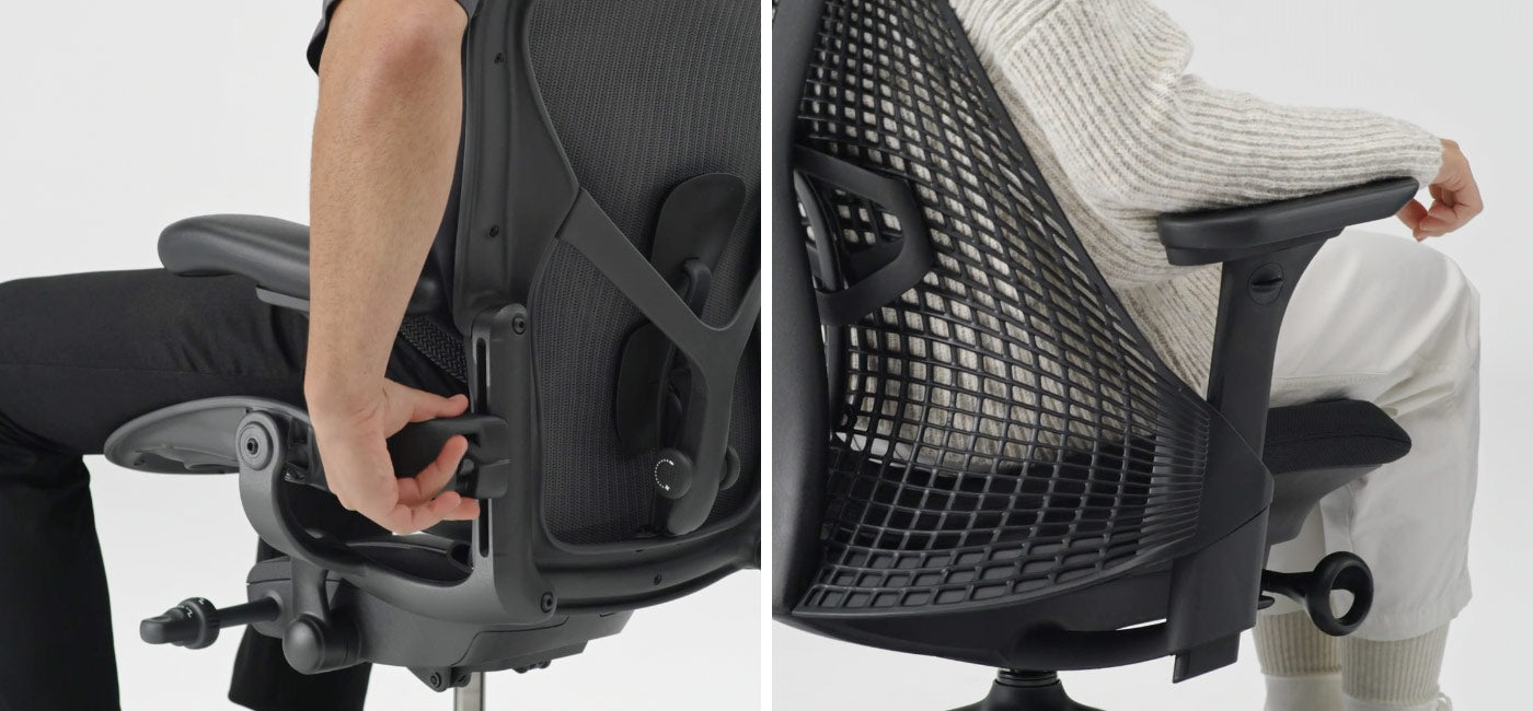 Close up photo on adjustment mechanism on back of Aeron office being used by man sat in chair next to another one showing adjustment mechanism on back of Sayl office with person sat in chair