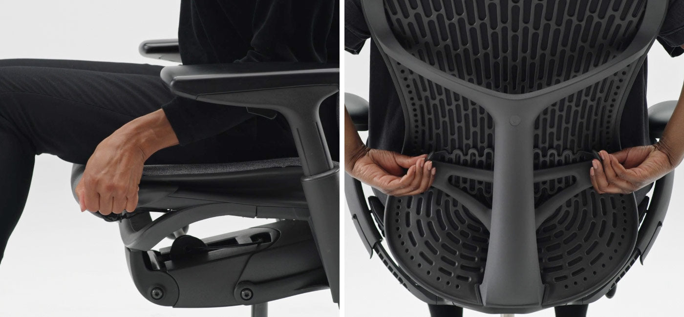 Close up photo of the seat adjustment being used by person sat in Embody office chair next to another Close up photo of the back being adjusted by person sat in Mirra 2 office chair