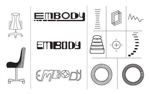 Image of design process used by Molly Rose Dyson for the Embody gaming chiar poster including different type faces and graphical symbols