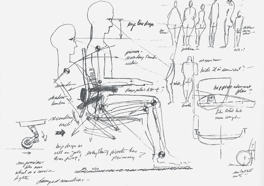 Pencil sketches looking at ergonomics of human body whilst seating with various chair adjustment mechanisms