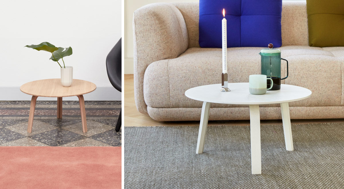 A collage of two images showing two Bella coffee tables by HAY, one oak and one white, set in a home environment.