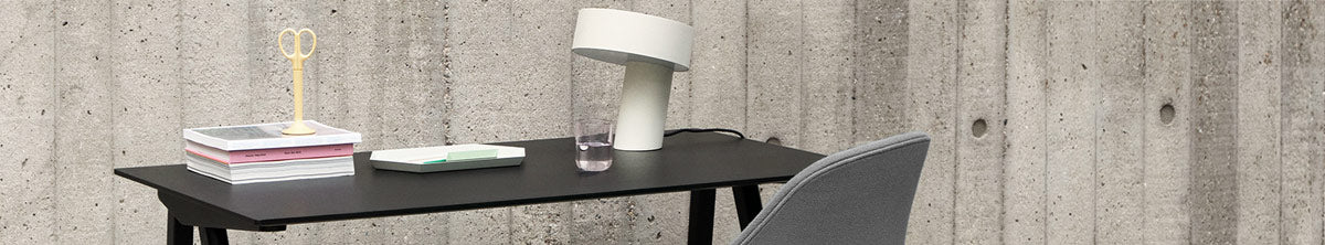 Hay Copenhague 90 desk in black with Hay slant table lamp in white