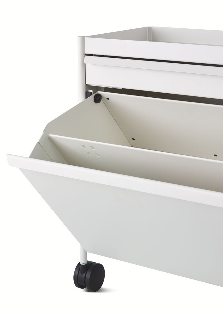 A close view of the flip out document holder of a Herman Miller OE1 trolley.