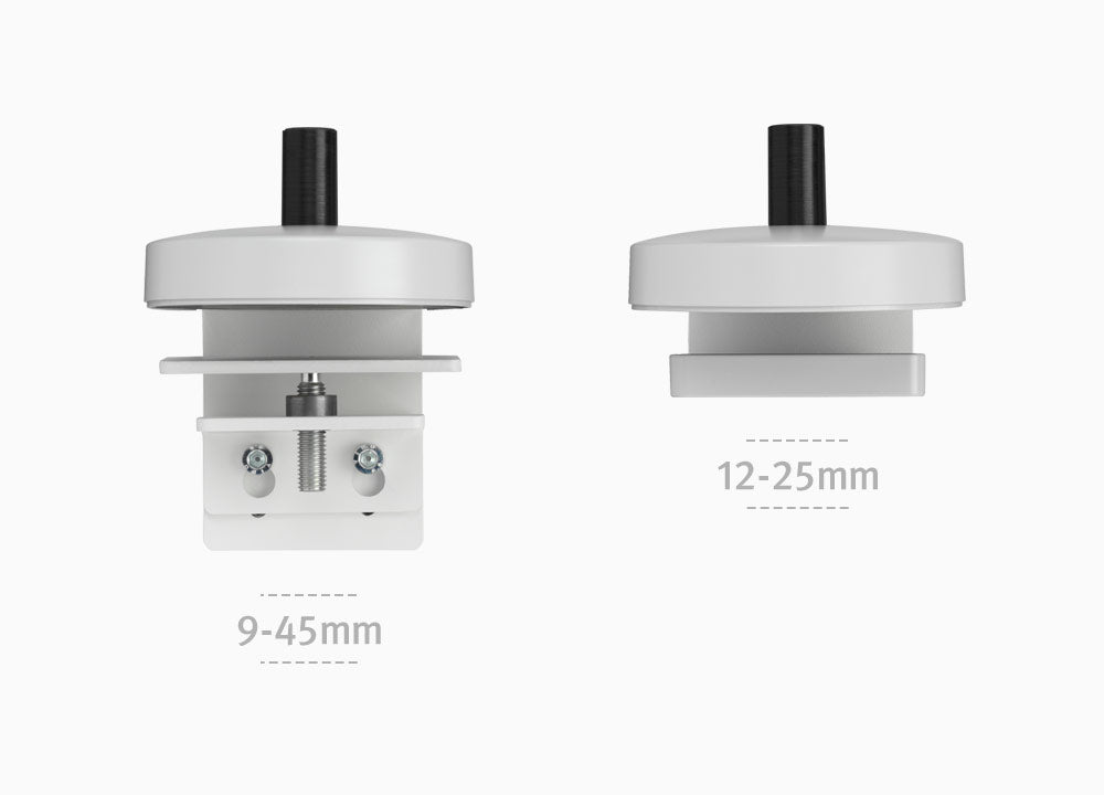 Two Flo X monitor arm clamps, showing the different options depending on desk and surface thickness.