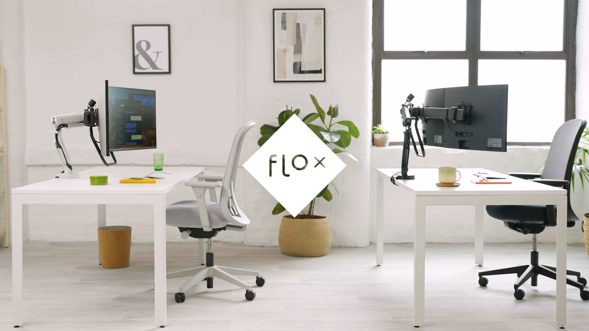 A video showing a Flo X monitor arm being used to hold single, dual and triple screens in an office environment.