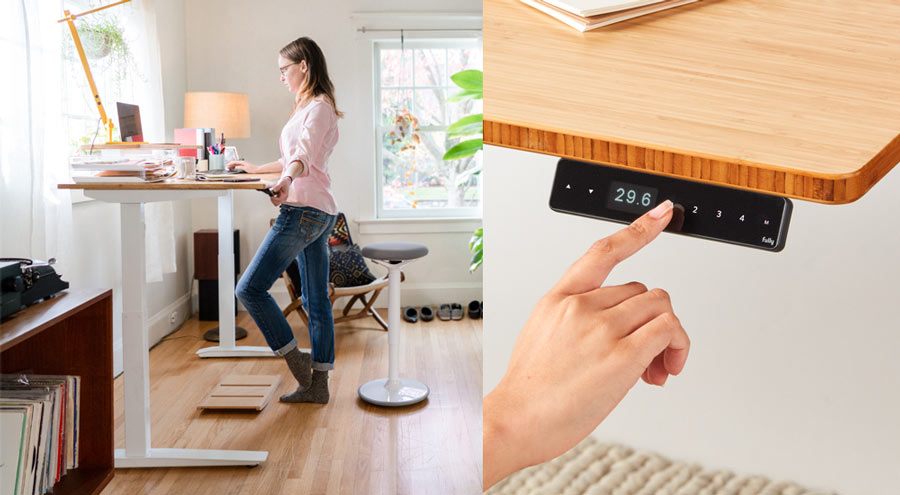 Collage showing a woman stood at a Jarvis sit-stand desk in a bright home office as well as a close view of the desks programmable adjustment being used.