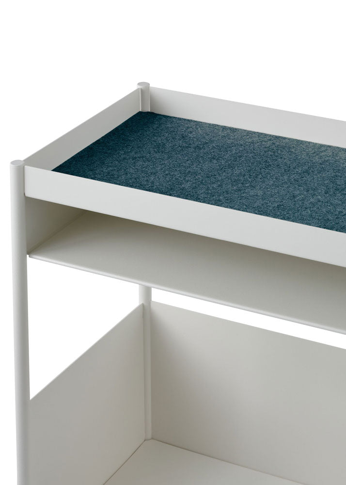 A white OE1 office trolley with a blue fabric liner.