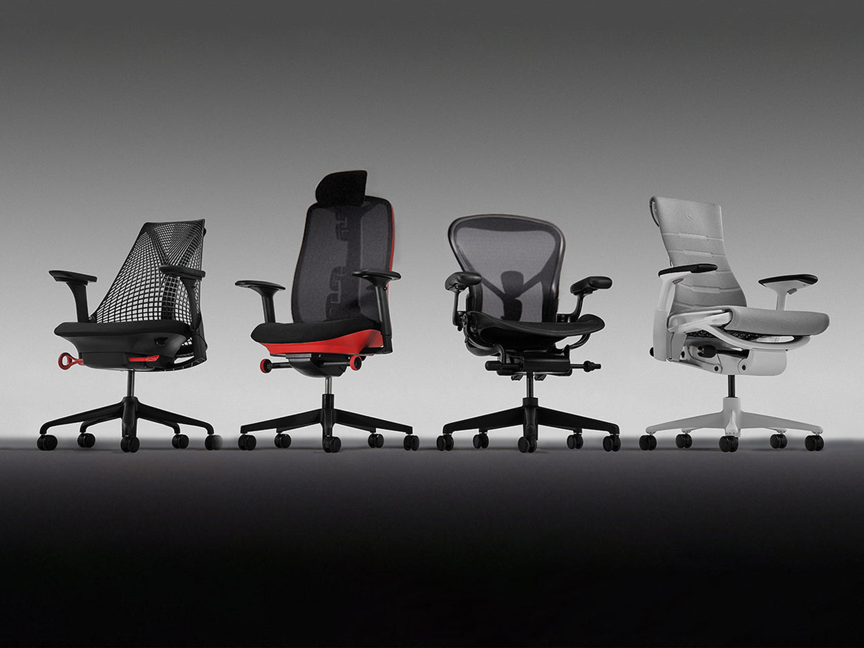 4x3 lineup of Herman Miller's ergonomic gaming chairs. Featuring Sayl, Vantum, Aeron and Embody Gaming.