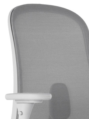 Close-up of a grey Lino office chair by Herman Miller, showing the breathable suspension back.