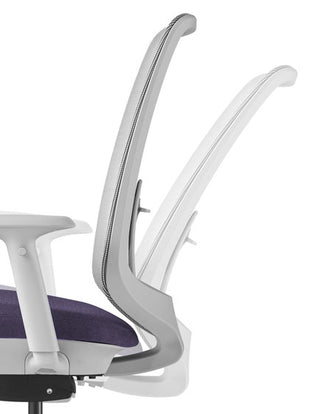 Side view of a grey Verus office chair by Herman Miller, showing the tilt feature.