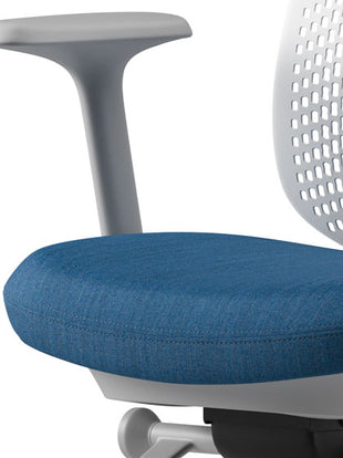 Close-up of a blue and grey Verus office chair by Herman Miller, showing the contoured seat.