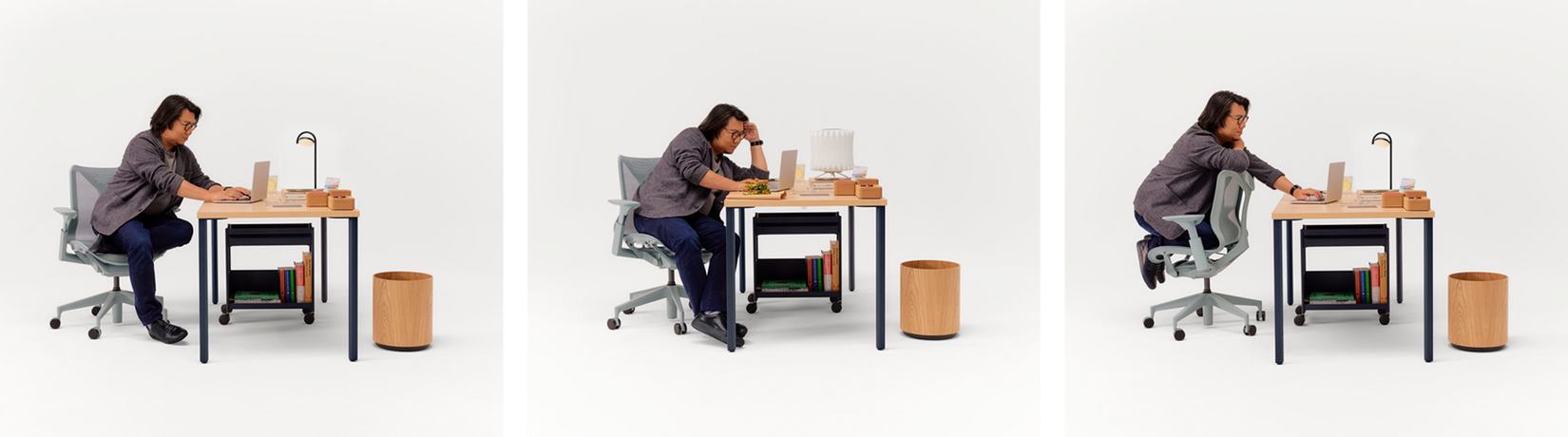 Montage of 3 images of Kevin Kwan sat in low back Glacier Cosm office chair at different angles non of which are correct way to sit