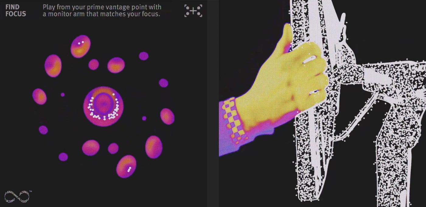 Graphical image of blobs in molecular style, annotated with 'Find Focus' and 'Play from your prime vantage point with a monitor arm that matches your focus'. Thermal imaging style picture of an Ollin gaming monitor arm's position being adjusted