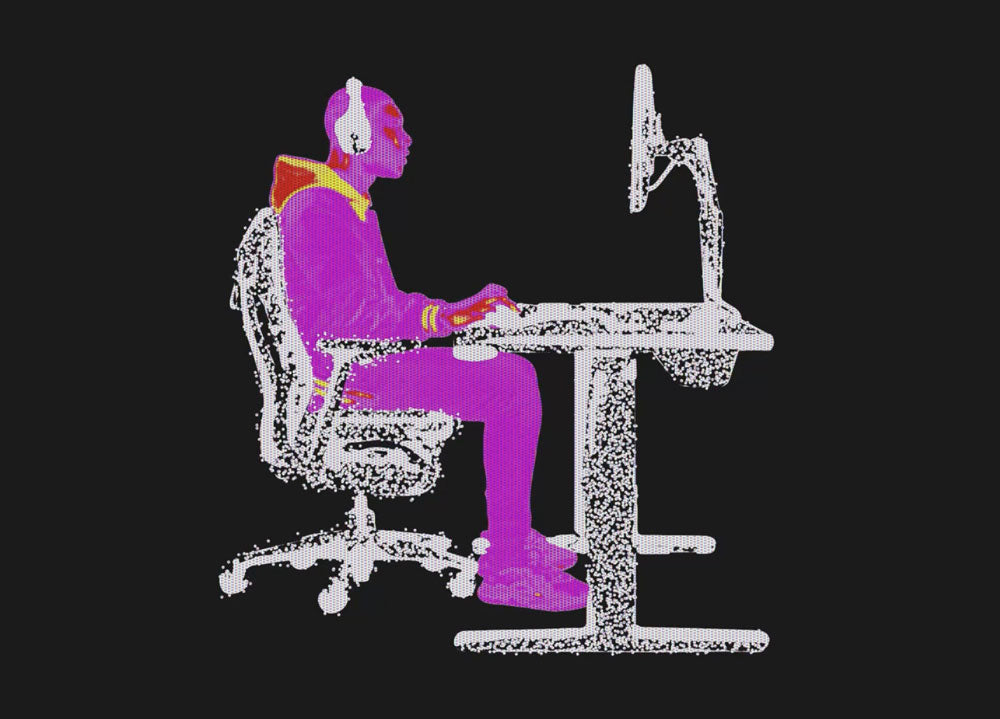 Thermal image style picture of person sat in Embody gaming chair at a Nevi gaming desk with Ollin monitor arm