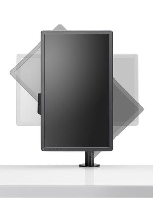 Front view of a black Lima monitor arm by CBS, showing the optional portrait or landscape orientation.