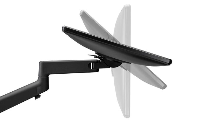 Side view of a black Lima monitor arm by CBS, showing the forward and backward tilt.