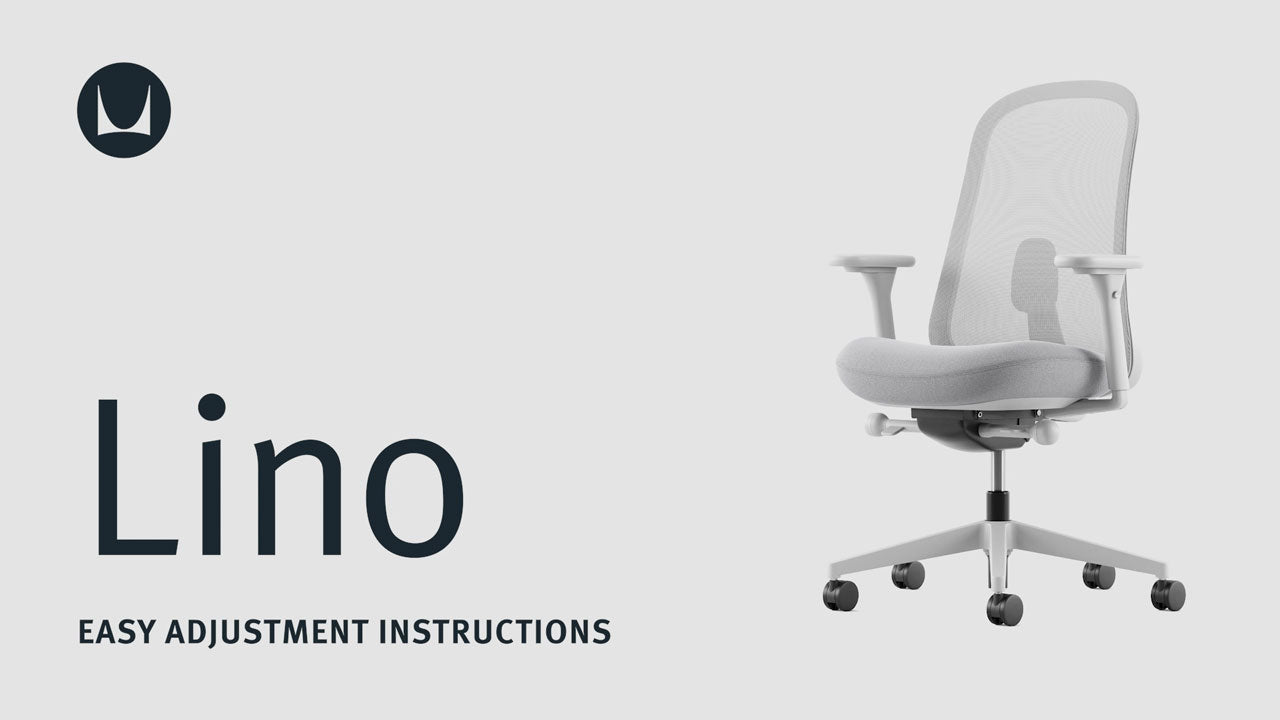 A video showing the technical adjustment features of a Herman Miller Lino office chair, including seat height, seat depth, tilt tension, tilt limiter, back support adjustment and arm adjustment.