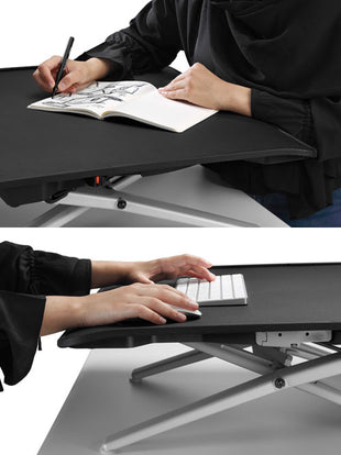 Close-up side view of a person using a Monto sit stand by Herman Miller.
