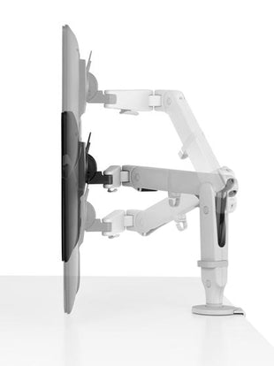 Side view of a white Ollin monitor arm by CBS, showing the optional portrait or landscape orientation.