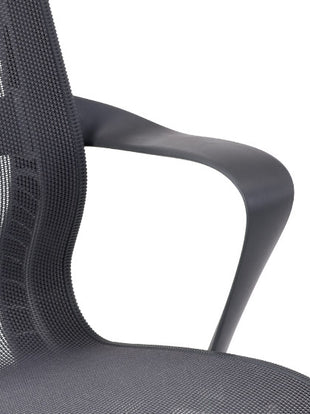 Close-up of a grey Setu office chair by Herman Miller, showing the optional fixed ribbon arms.