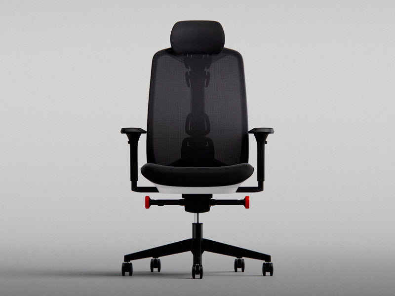 Front on view of Vantum gaming chair in black and polar white