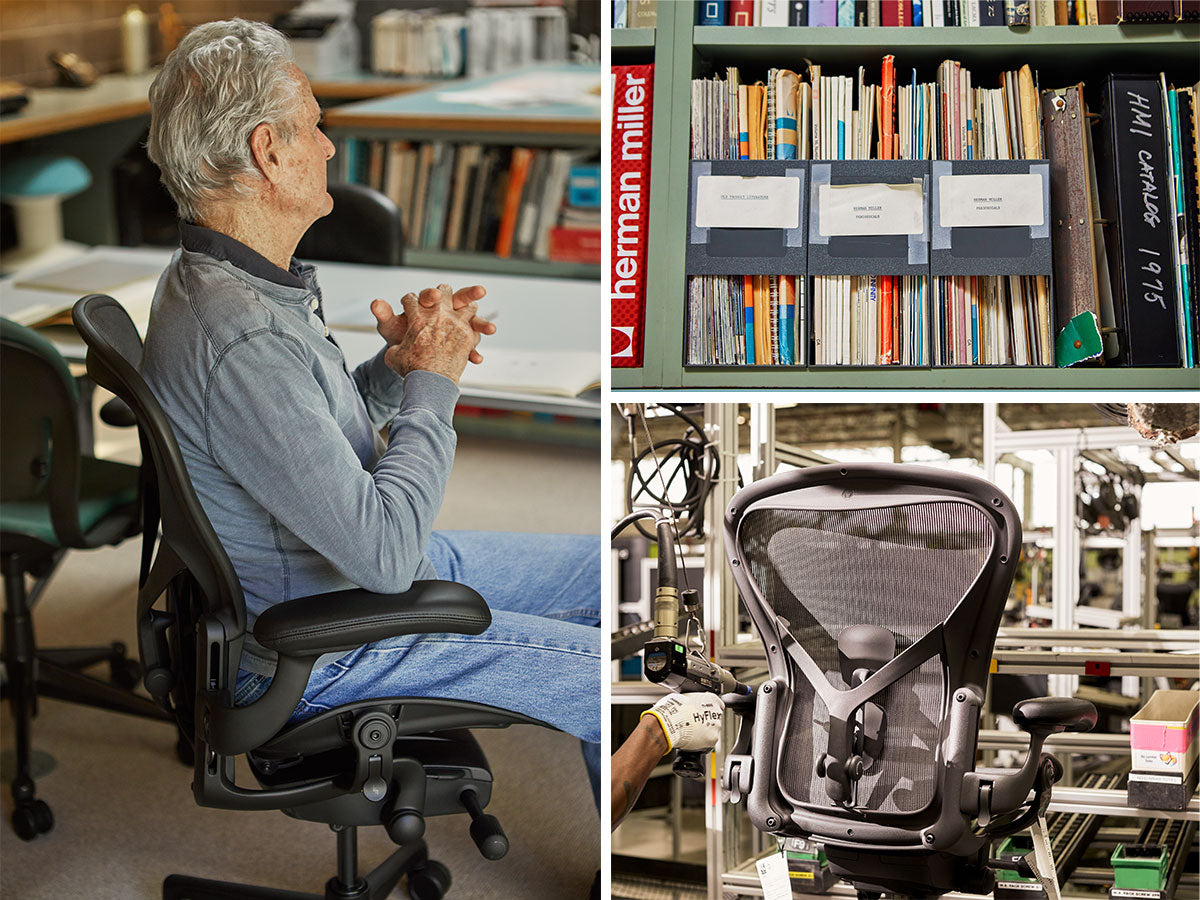 Trio of photos in grid format including side profile of Aeron designer Don Chadwick in an Aeron office chair, shelf of documents on design and ergonomics and finally an Aeron being manufactured