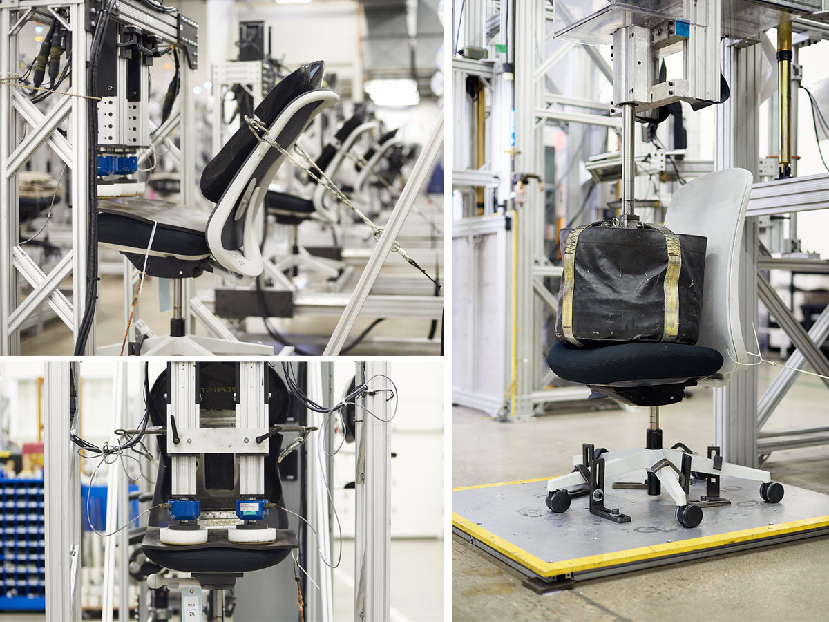 Trio of photos showing some of the quality test Herman Miller chairs go through  in the test laboratory