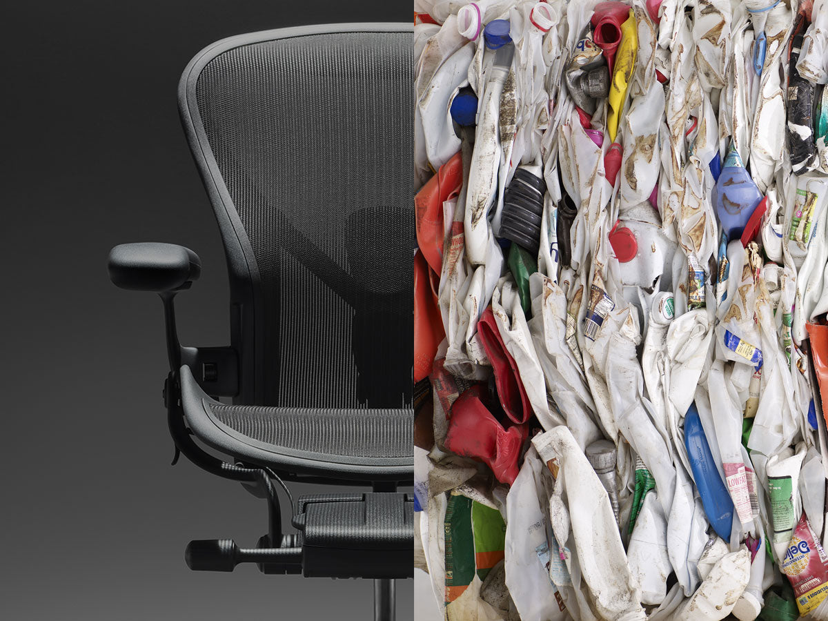 Image split in two one side shwoing Aeron home office chair the other showing pieces of plastic recovered from ocean that is recycled in to material used in Herman Miller chairs