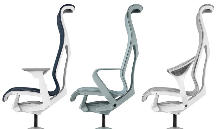 A line-up of three Herman Miller Cosm office chairs, showing the three arm options available - fixed, height-adjustable and leaf.