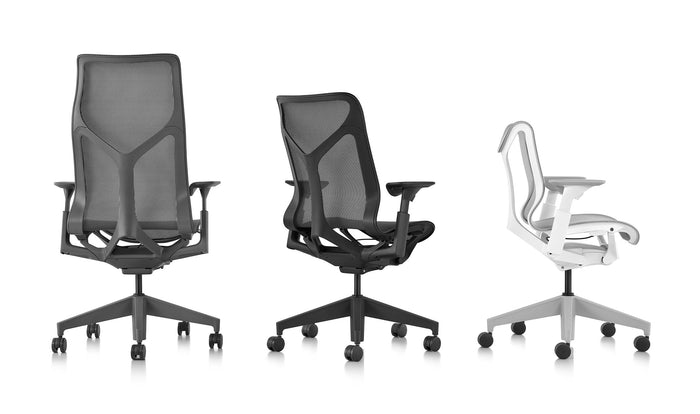 A line-up of three Herman Miller Cosm office chairs, showing the three height options available - low, mid and high.