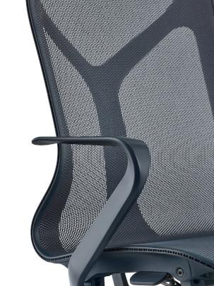 Close-up of a blue Cosm office chair by Herman Miller, showing the breathable intercept suspension back.