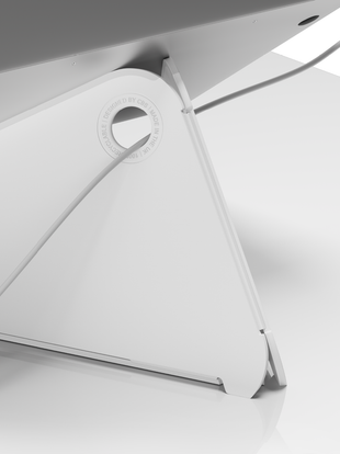 Close-up of a white Oripura laptop stand by Herman Miller, showing the integrated cable slot.