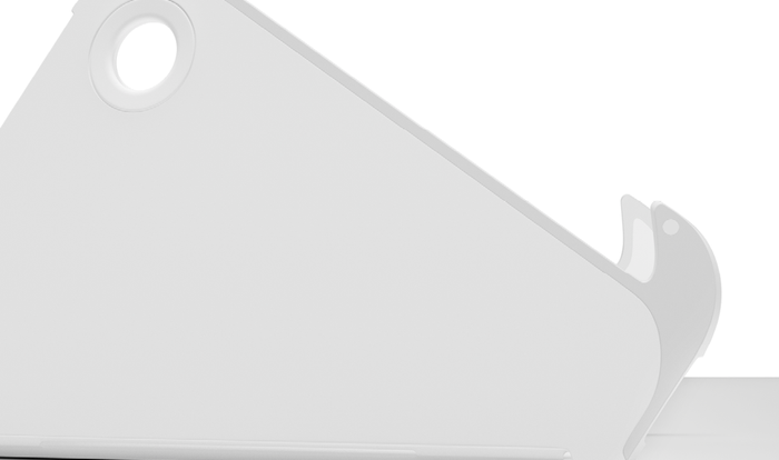 Close-up of a white Oripura laptop stand by Herman Miller, showing the non-slip sides and base.