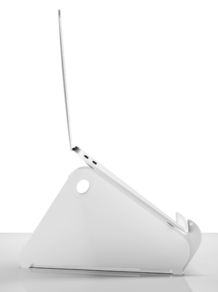 Side view of a white Oripura laptop stand by Herman Miller holding a laptop.