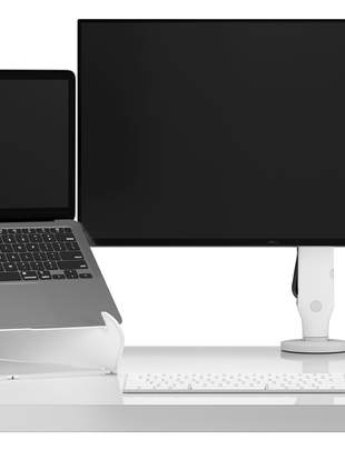 Front view of a white Oripura laptop stand by Herman Miller holding a laptop alongside a white Ollin monitor arm holding a screen.