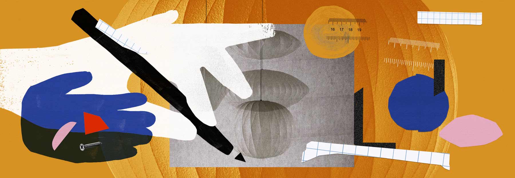 Graphical collage style image showing design tools to Create the Herman Miller Nelson bubble lamps
