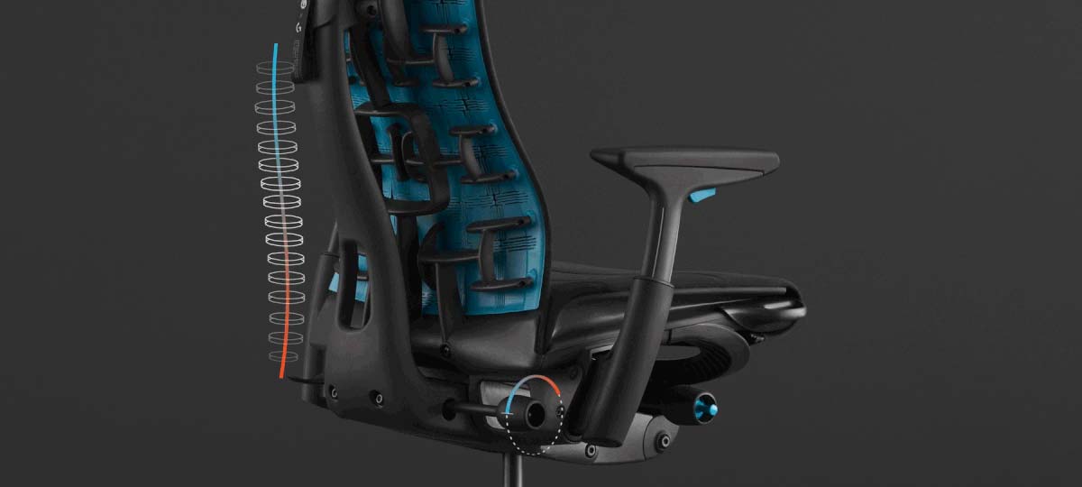 Rear view of a black and blue Embody gaming chair by Herman Miller, overlaid with white graphics highlighting the cooling foam technology.