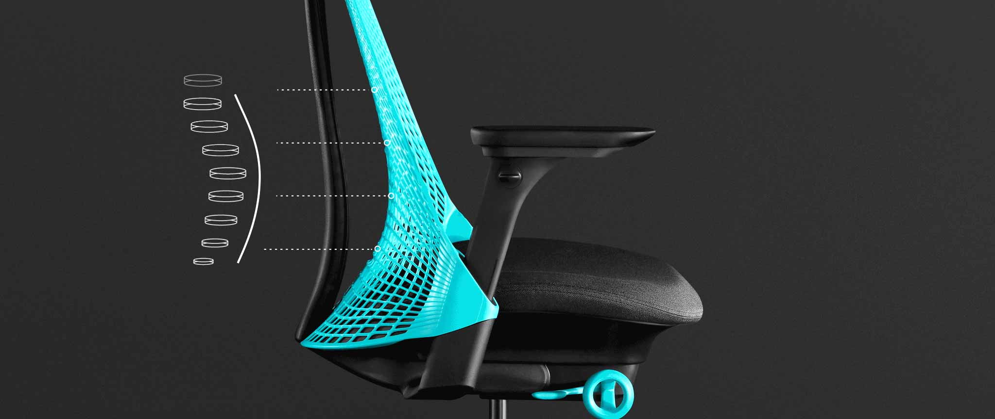 Side view of a blue and black Sayl gaming chair by Herman Miller, overlaid with white graphics highlighting the back support.