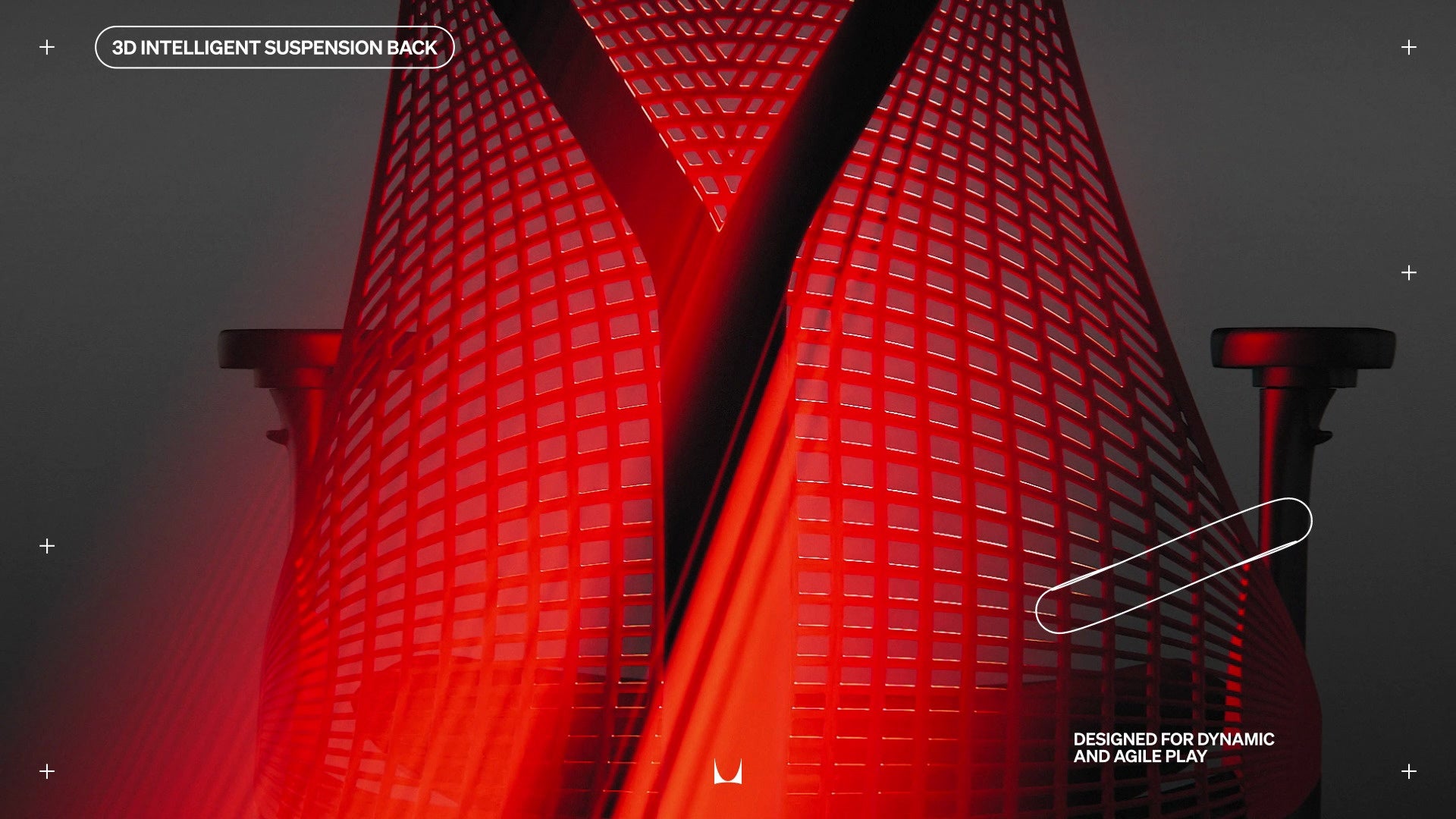 Rear view of back of Sayl gaming chair annotated with wording '3D Intelligent Suspension Back' and 'Designed for Dynmic and Agile Play'