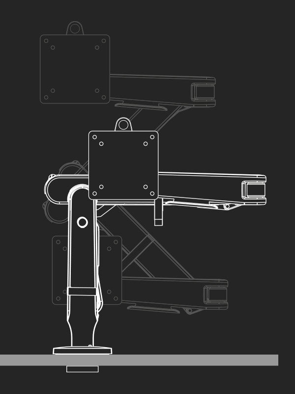 A line drawing of an Ollin gaming monitor arm by Herman Miller, showing the range of positions.