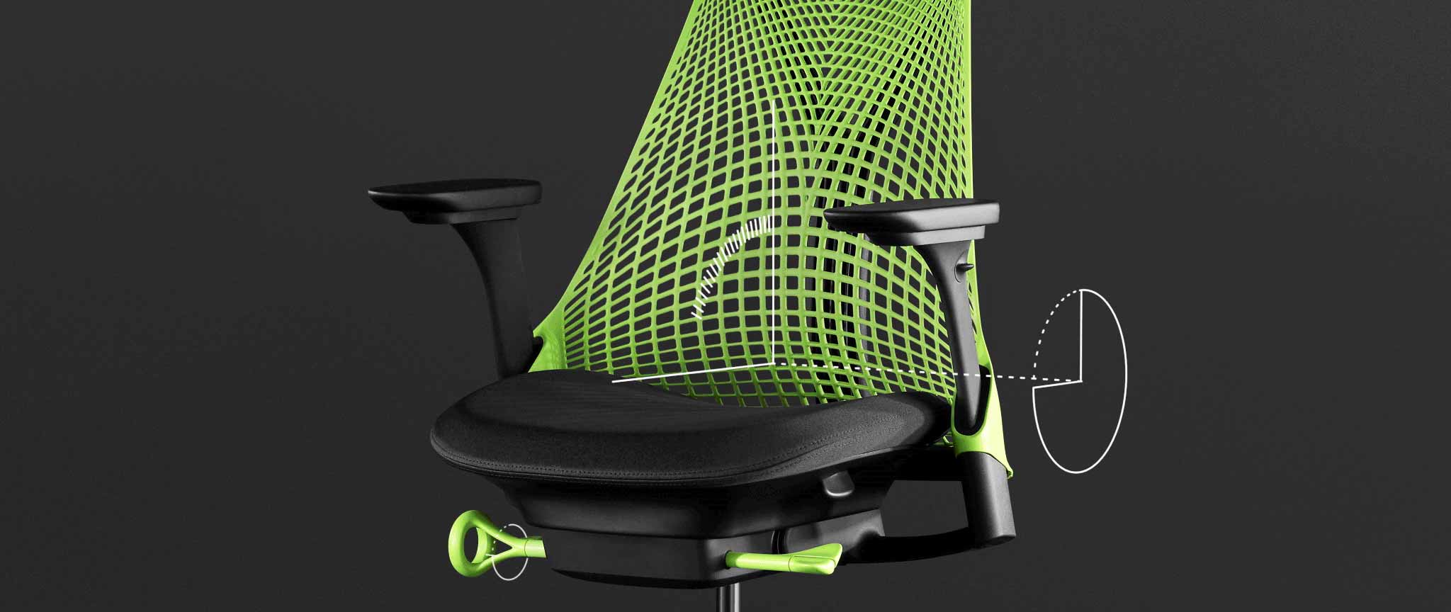 Front view of a green and black Sayl gaming chair by Herman Miller, overlaid with white graphics highlighting the tilt feature.