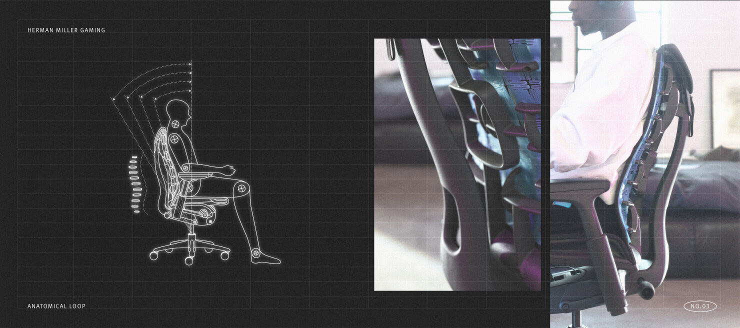 Mechanical diagram of a person in a seated position, next to two images of someone sat in Embody gaming chair white and galaxy blue