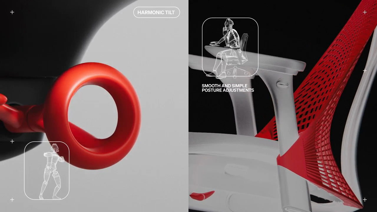 Split image one side close up of harmonic tilt mechanism on Sayl gaming chair the other a showing chair tilted back with woring 'Harmonic tilt 2' and 'Smooth and simple posture adjustments'