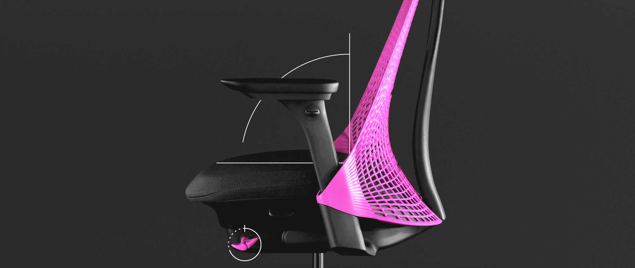 Side view of a pink and black Sayl gaming chair by Herman Miller, overlaid with white graphics highlighting the forward seat angle.