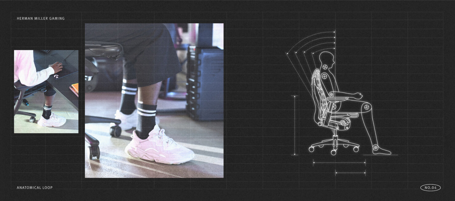 Close of person sat correctly with feet flat on the floor next to mechanical diagram of a person in a seated position
