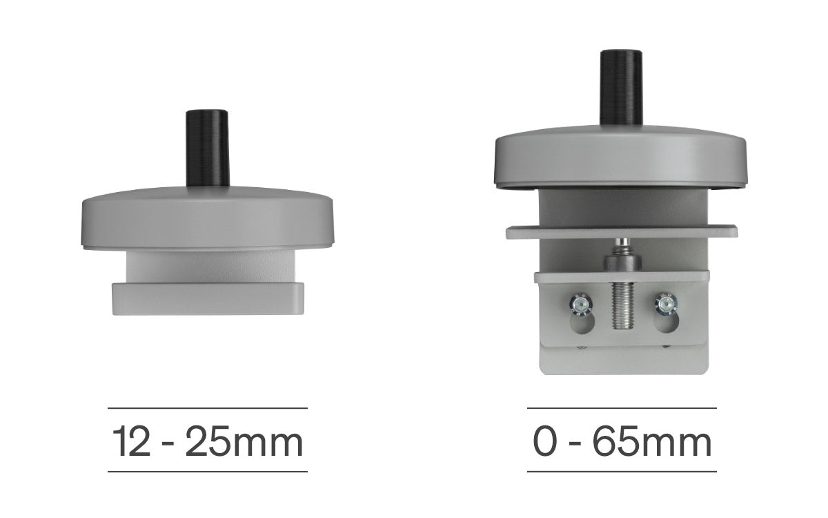 The two desk attachment options for Flo monitor arm.